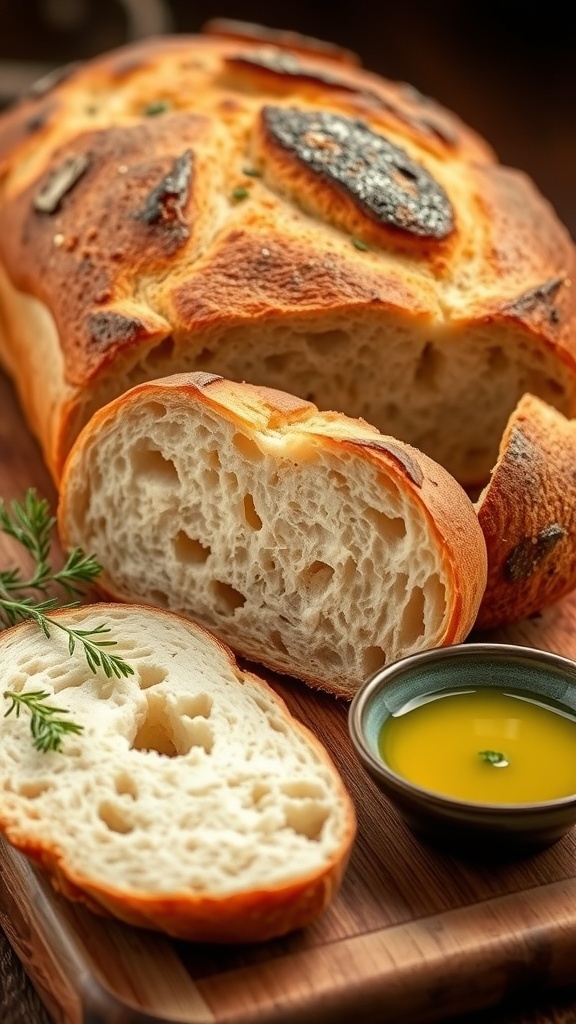 Freshly baked sourdough bread loaf with golden crust and sliced interior on a wooden board.